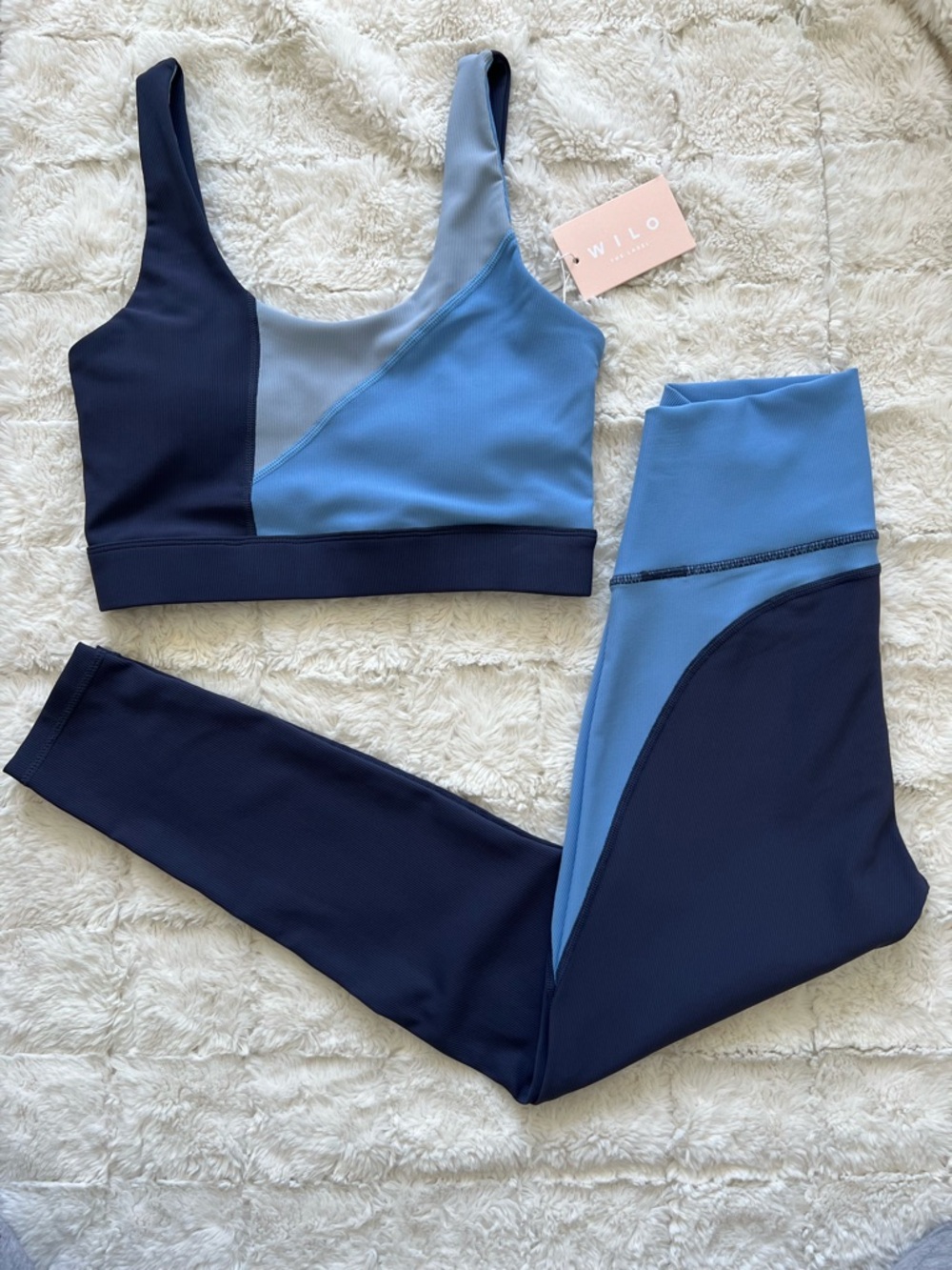 WILO the Label NEW Blue Ribbed Color Block Set Sports Bra Leggings S Small